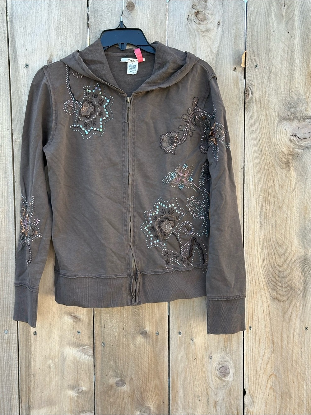 Vertigo Paris Brown Embroidered Zip Hoodie with Sequin Detail